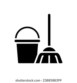 Sanitation services black glyph icon. Housekeeping. Cleaning equipment. Mop and bucket. Utility service. Silhouette symbol on white space. Solid pictogram. Vector isolated illustration