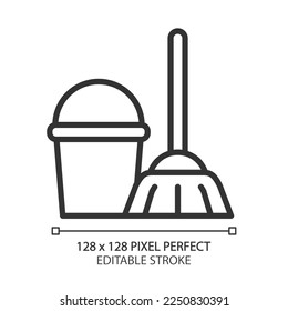 Sanitation services pixel perfect linear icon. Housekeeping. Cleaning equipment. Mop and bucket. Utility service. Thin line illustration. Contour symbol. Vector outline drawing. Editable stroke