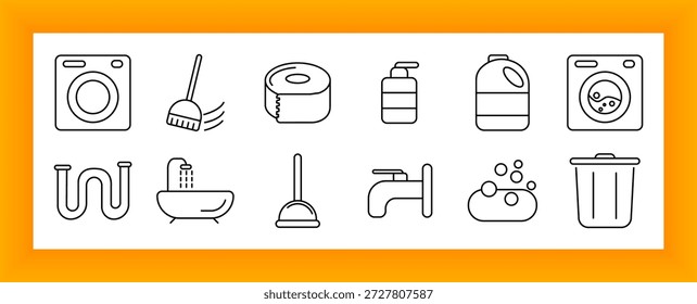 Symbol für Sanitärsatz. Waschmaschine, Bürste, Seife, Reinigungsmittel, Abfall, Dusche, Tauchkolben, Wasserhahn, Reinigung, Rohr, Müll, Hygiene, Badezimmer, Wäscherei, Housekeeping