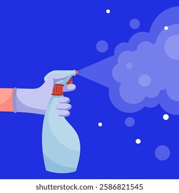 Sanitation spray. Gloved hand spraying disinfectant mist from a trigger bottle against a blue background. Used for cleaning, hygiene, and infection control.