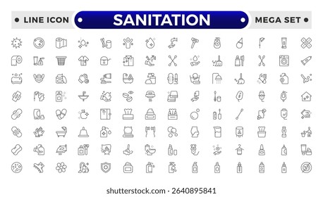 Sanitation web icon collection. Includes thin line men, sponge, hand, cleaning, dust, wash and more. Outline icon collection.
