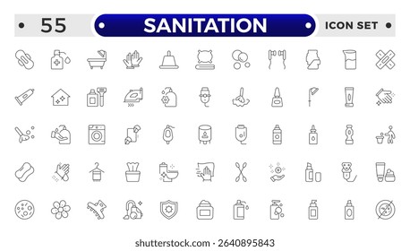Sanitation web icon collection. Includes thin line men, sponge, hand, cleaning, dust, wash and more. Outline icon collection.
