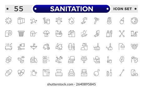 Sanitation web icon collection. Includes thin line men, sponge, hand, cleaning, dust, wash and more. Outline icon collection.
