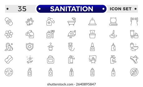Sanitation web icon collection. Includes thin line men, sponge, hand, cleaning, dust, wash and more. Outline icon collection.
