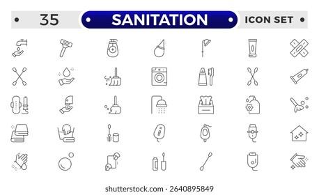 Sanitation web icon collection. Includes thin line men, sponge, hand, cleaning, dust, wash and more. Outline icon collection.
