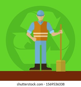 Sanitation worker with broom in front of a recycling sign