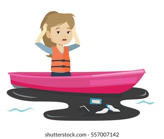 Sanitation worker catching garbage out of water. Frustrated woman clutching head while looking at polluted water. Water pollution concept. Vector flat design illustration isolated on white background.