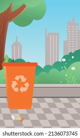 Sanitation worker is cleaning the street with city buildings and plants in the background, labor day vector illustration