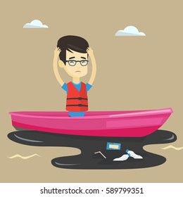 Trabajador de saneamiento flotando en un bote y capturando basura fuera del agua. Hombre agarrando la cabeza mientras mira el agua contaminada. Concepto de contaminación del agua. Ilustración de diseño plana vectorial. Diseño cuadrado.