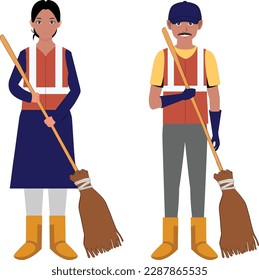 Sanitation Worker, Man and woman cleaner, Indian sanitation worker with brooms, Cleaner