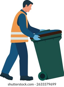 Sanitation worker pushing garbage bin vector
