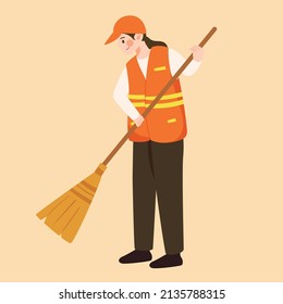 Sanitation workers are cleaning with city buildings in the background, vector illustration