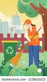 Sanitation workers are cleaning the environment with city buildings and trees in the background, vector illustration
