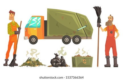 Sanitation Workers Gathering Garbage and Waste for Recycling, Carbage Truck Vector Illustration