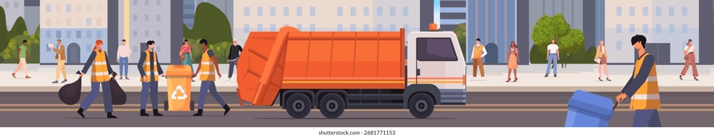 Los trabajadores sanitarios están cargando contenedores de basura en un camión de basura, mientras que otros cargan bolsas y contenedores. Estas actividades son parte de las operaciones rutinarias del servicio de reciclaje de la ciudad. No se ha generado IA
