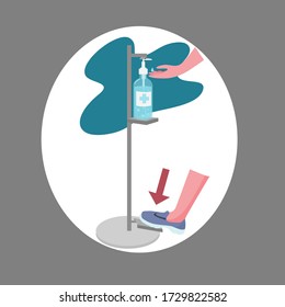 Sanitiser foot pump. Alcohol Hand Gel dispenser operated by foot. Eliminate all hand contact. Stop Coronavirus (Covid-19) Spread. Flat vector Illustration.