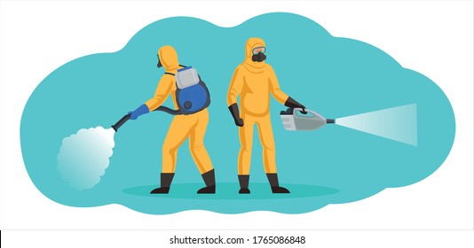 Sanitization, disinfection and pest control workers. People in chemical protection suits use cold mist generators. Flat vector character.