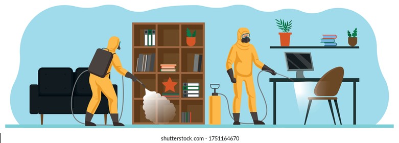 Sanitization of the office for the safety of employees during the coronavirus pandemic. Workers in special suits and respirators disinfect the surfaces and furniture. New normal after covid.