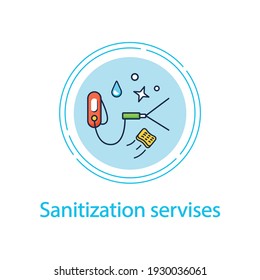 Sanitization services concept line icon.Sterilization houses process.Room disinfection,handheld devices cleaning customizable.Cleaning service concept.Vector isolated conception metaphor illustration