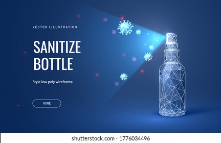 Sanitize bottle in  futuristic abstract polygonal style. The virus is destroyed by the disinfector vector illustration on a monochrome blue background concept for a landing page or banner