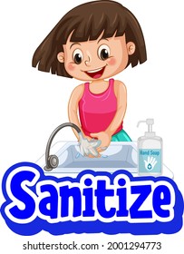 Sanitize font in cartoon style with a girl washing hands on white background illustration