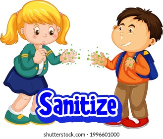 Sanitize font in cartoon style with two kids do not keep social distance isolated on white background illustration