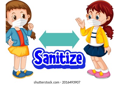 Sanitize font in cartoon style with two kids keeping social distance isolated on white background illustration