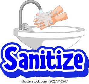 Sanitize font in cartoon style with washing hands by water tap illustration