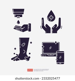 sanitize hand or using lotion, foam feet washing, laptop and smartphone disinfection. Clean and disinfect silhouette set icon. Vector illustration
