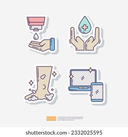 sanitize hand or using lotion, foam feet washing, laptop and smartphone disinfection. Clean and disinfect sticker set icon. Vector illustration