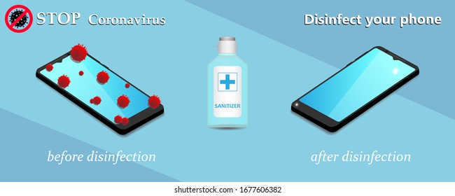 Sanitize Smartphone. Cleaning Mobile Phone To Eliminate Germs, Coronavirus Covid-19. Stop Coronavirus. Hygiene Concept. Vector Illustration