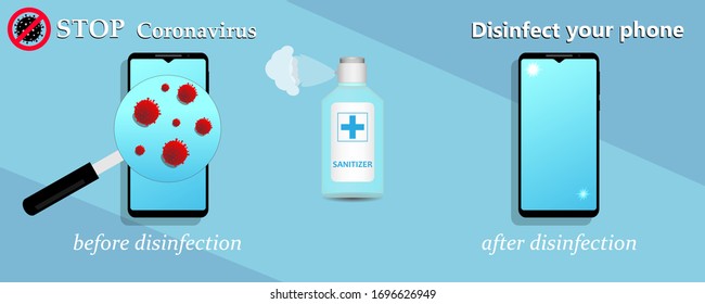 Sanitize smartphone. Cleaning mobile phone to eliminate germs, coronavirus Covid-19. Stop Coronavirus. Hygiene concept. Vector illustration