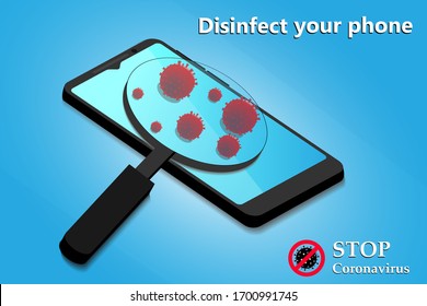 Sanitize smartphone. Cleaning mobile phone to eliminate germs, coronavirus Covid-19. Stop Coronavirus. Hygiene concept. Vector illustration