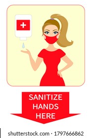 Entschärfen Sie Ihr Handzeichen. Junge Dame, die antibakterielles Gel aufträgt. Benutze ein Sanitisierer-Poster.