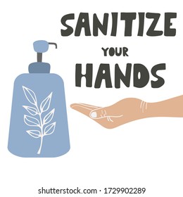 Entschlacken Sie Ihre Hände - Text. Antibakterielles Sanitisierungsgel, Hand Sanitisierer Dispenser, Infektionsbekämpfungskonzept. Sanitizer zur Vorbeugung von Erkältungen, Viren, Coronavirus, Grippe. Alkoholspray. Flachvektor