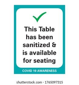 Sanitized table, Covid-19 poster. Signs for Office, shops, stores, hairdressers, bars, restaurants.