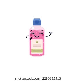 Sanitizer or antiseptic product in bottle with smiling face, flat vector illustration isolated on white background. Childish kawaii style character of antiseptic liquid.