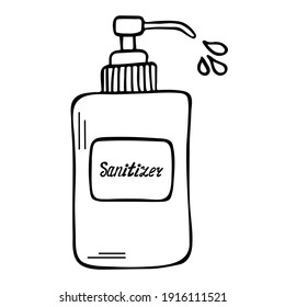 Sanitizer antiseptic spray. 100 protection against bacteria, viruses and germs. Contour on an isolated background. Doodle style. Sanitize doodle hand drawn print, poster, placard text concept.