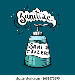 Sanitizer antiseptic spray. COVID-19, Novel coronavirus, 2019-nCoV, corona virus disinfectant solution. Sanitize doodle hand drawn print, poster, placard text concept. Sketch vector illustration.