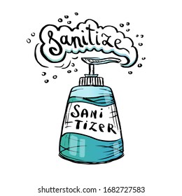 Sanitizer antiseptic spray. COVID-19, Novel coronavirus, 2019-nCoV, corona virus disinfectant solution. Sanitize doodle hand drawn print, poster, placard text concept. Sketch vector illustration.