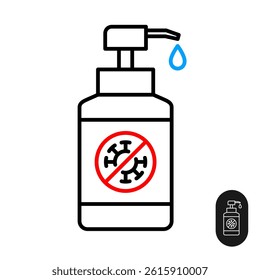 Sanitizer bottle with gel liquid drop and virus icon for wash and clean your hands. Editable stroke.