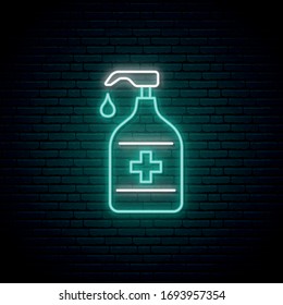 Neonschild der Sanitizer-Flasche. Präventivkonzept für Coronavirus. Benutzen Sie einen Handanitisator. Stock-Vektorillustration-Design für Covid-19 Sensibilisierungskampagne.