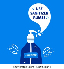 Sanitizer in bottle with pump dispenser and drops vector cartoon, doodle, hand drawn illustration. Use sanitizer concept.