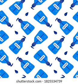 Sanitizer in bottle with pump dispenser and drops vector doodle seamless pattern background for hand washing, disinfecting.