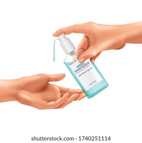 Sanitizer bottle realistic composition with branded jar of sanitizing gel with colourful drop and human hands vector illustration