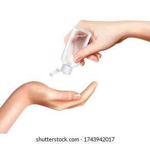 Sanitizer bottle realistic composition with human hands squeezing sanitizing gel from small jar on blank background vector illustration