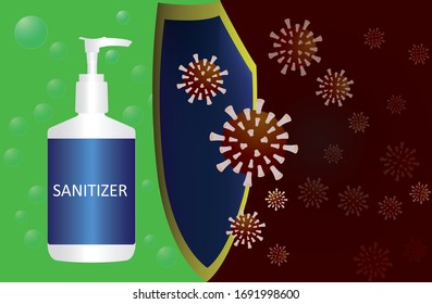 Sanitizer bottle shield protecting and repelling corona virus covid-19. Vector illustration. 