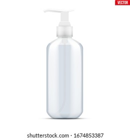 Sanitizer bottle spray with gel. Disinfectant Container with pump dispenser. Safety in an epidemic and pandemic. Vector Illustration isolated on white background.