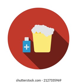 Sanitizer Bottles With Bucket Icon. Flat Circle Stencil Design With Long Shadow. Vector Illustration.