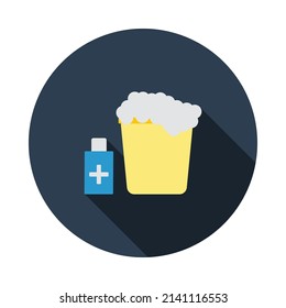 Sanitizer Bottles With Bucket Icon. Flat Circle Stencil Design With Long Shadow. Vector Illustration.